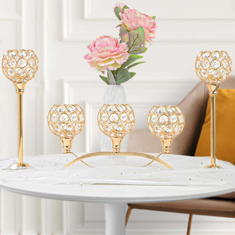kolnlala Crystal Tealight Candle Holder Centerpiece Home Decorative Candlestick Holder Elegant Table Centerpiece Home Decor Wedding Party Anniversary (Gold, Set of 3) - Image 3