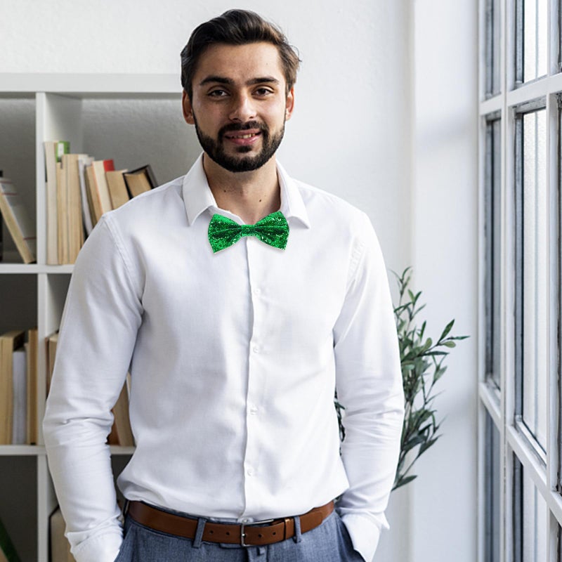 Adjustable Pre Tied Glitter Bow Tie For Men And Boys Green Pu Party Wear - Image 5