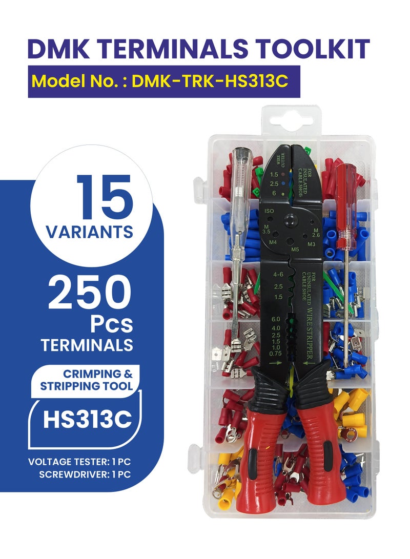 دي أم كي مجموعة أدوات أطراف التوصيل DMK (DMK-TRK-HS313D) - مجموعة من 250+ قطعة من أطراف التوصيل مع جهاز اختبار الجهد وأربطة الكابلات ومفك البراغي وأداة التجعيد . - Image 1
