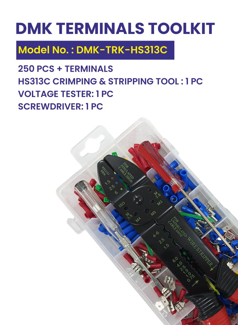 دي أم كي مجموعة أدوات أطراف التوصيل DMK (DMK-TRK-HS313D) - مجموعة من 250+ قطعة من أطراف التوصيل مع جهاز اختبار الجهد وأربطة الكابلات ومفك البراغي وأداة التجعيد . - Image 4