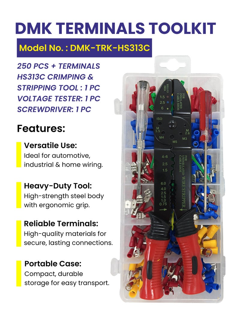 دي أم كي مجموعة أدوات أطراف التوصيل DMK (DMK-TRK-HS313D) - مجموعة من 250+ قطعة من أطراف التوصيل مع جهاز اختبار الجهد وأربطة الكابلات ومفك البراغي وأداة التجعيد . - Image 5