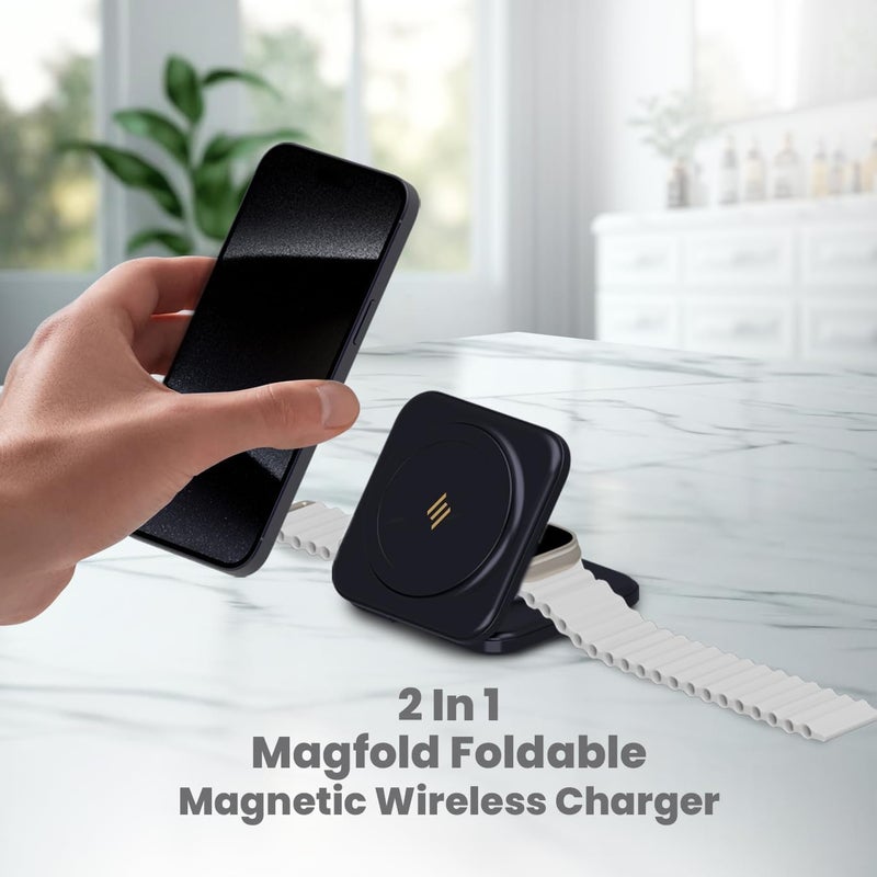 Smartix Dual Magnetic Qi Certified Wireless Fast Charger for Apple Devices - Foldable Mag-Safe Compatible with iPhone 15/14/13/12, Apple Watch, AirPods - Black - Image 3