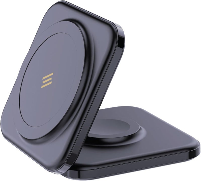 Smartix Dual Magnetic Qi Certified Wireless Fast Charger for Apple Devices - Foldable Mag-Safe Compatible with iPhone 15/14/13/12, Apple Watch, AirPods - Black - Image 2