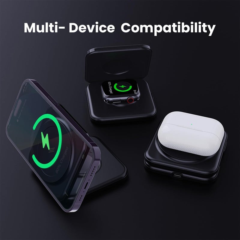 Smartix Dual Magnetic Qi Certified Wireless Fast Charger for Apple Devices - Foldable Mag-Safe Compatible with iPhone 15/14/13/12, Apple Watch, AirPods - Black - Image 5