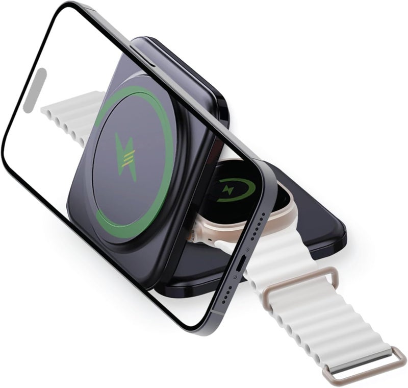 Smartix Dual Magnetic Qi Certified Wireless Fast Charger for Apple Devices - Foldable Mag-Safe Compatible with iPhone 15/14/13/12, Apple Watch, AirPods - Black - Image 1