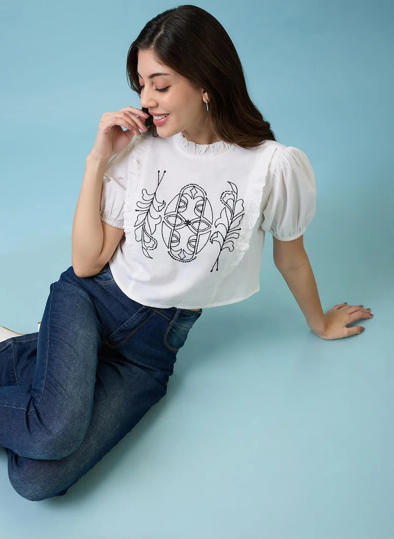 globus Globus Women White High Neck Puff Sleeves Frills & Embroidered Detail Crop Top