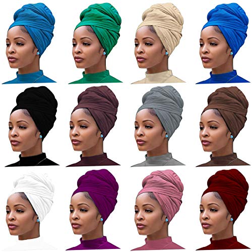 Messen 12 Pieces Head Wrap Scarf Stretch Jersey Turban Extra Long Ultra Soft Urban Headwraps for Women Solid Color African Headwear Headband Tie (Set 01) - Image 1