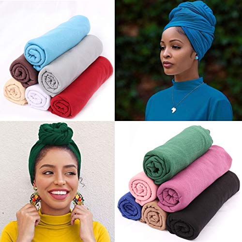 Messen 12 Pieces Head Wrap Scarf Stretch Jersey Turban Extra Long Ultra Soft Urban Headwraps for Women Solid Color African Headwear Headband Tie (Set 01) - Image 4