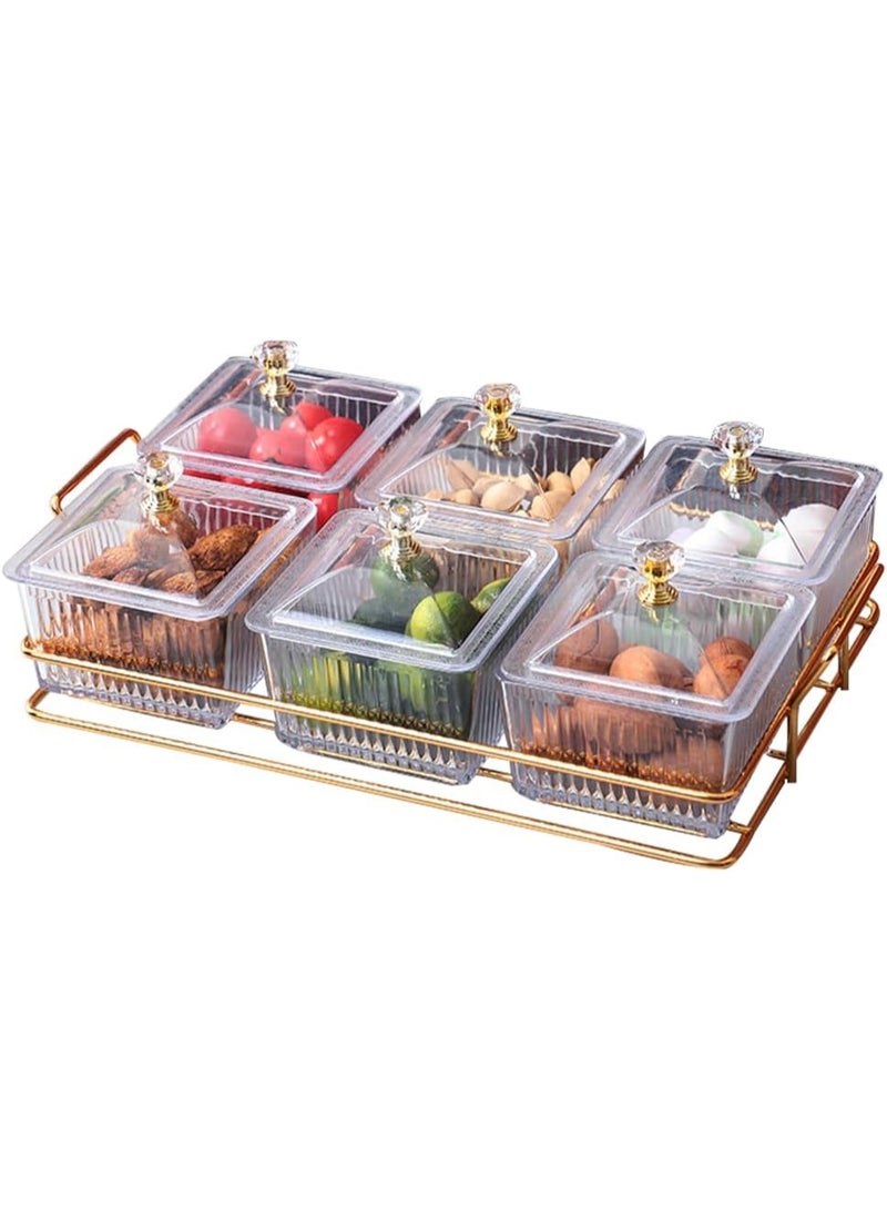 Clear Serving Bowls Set with Gold Metal Rack, Divided Serving Dish Appetizer Tray with 6 Removable Snack Bowls for Fruit Dessert Appetizer Nuts Snacks Candy Chip Dip (Clear) - Image 1