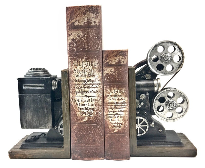 Bellaa 20904 Vintage Camera Bookends Film Movie Projector Book Shelves Cottage Farmhouse Antiques Home Decor Black and Silver 8 Inch