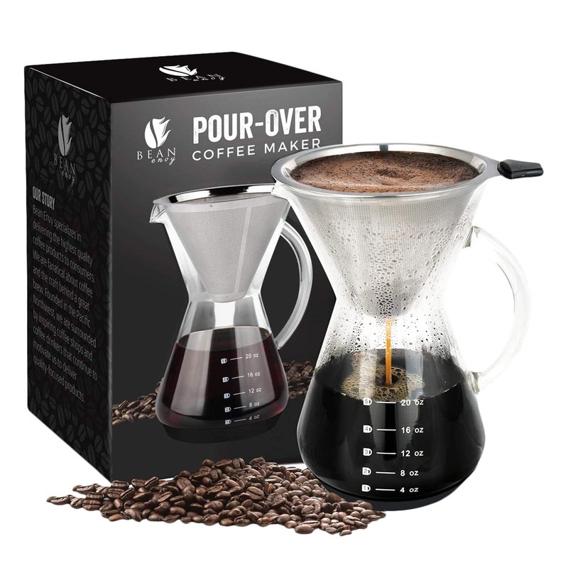 Bean Envy Pour Over Coffee Maker, High-Heat Borosilicate Glass with Reusable Stainless Steel Filter, Glass Coffee Maker (20 Oz) - Image 1