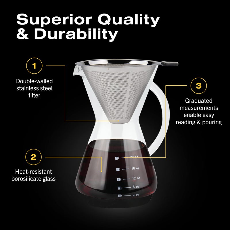 Bean Envy Pour Over Coffee Maker, High-Heat Borosilicate Glass with Reusable Stainless Steel Filter, Glass Coffee Maker (20 Oz) - Image 4
