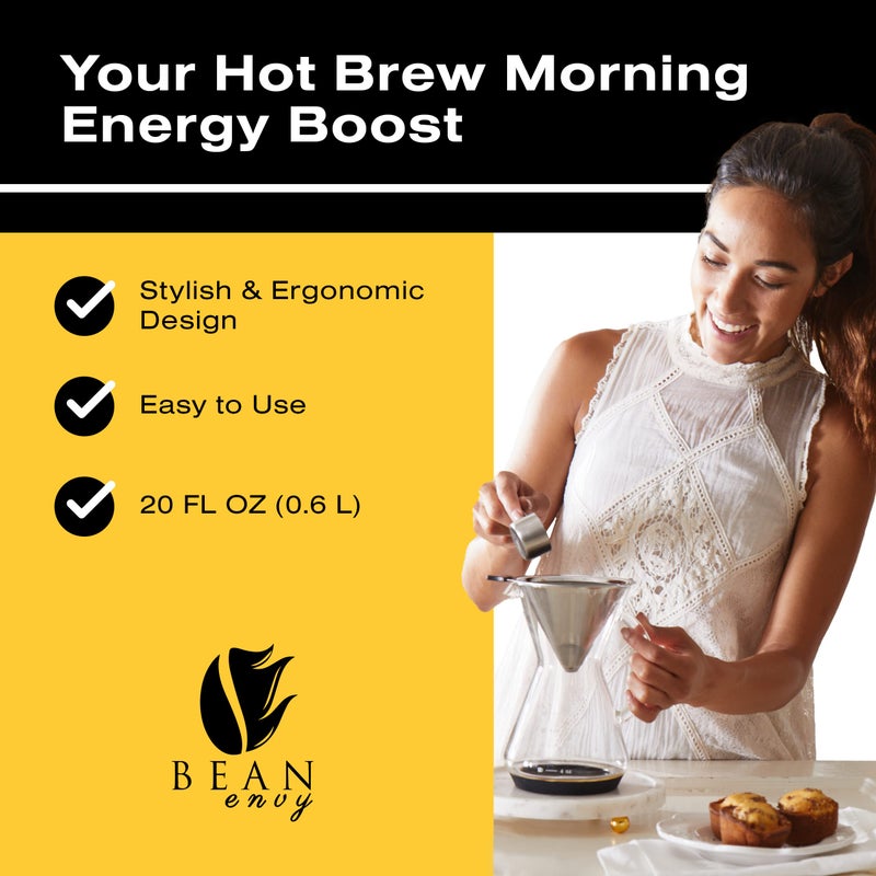 Bean Envy Pour Over Coffee Maker, High-Heat Borosilicate Glass with Reusable Stainless Steel Filter, Glass Coffee Maker (20 Oz) - Image 2