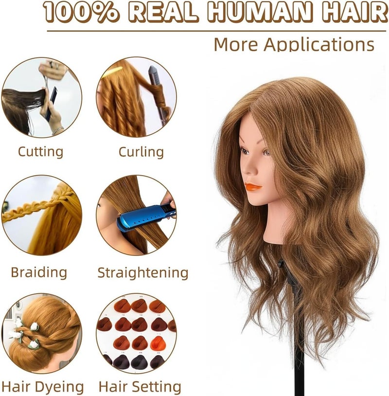 MYSWEETY Mannequin Head with 100% Human Hair, Doll Head for Hair Styling, Manikin Head Cosmetology Makeup Hairdressing Training Head with Clamp Holder and Tools(18" Brown, Makeup) - Image 2