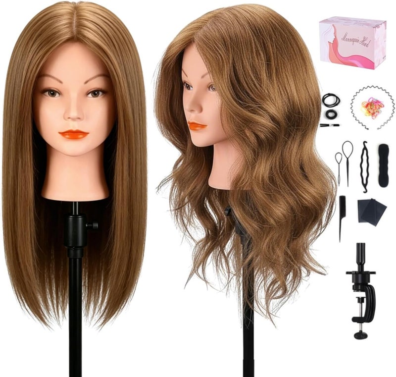 MYSWEETY Mannequin Head with 100% Human Hair, Doll Head for Hair Styling, Manikin Head Cosmetology Makeup Hairdressing Training Head with Clamp Holder and Tools(18" Brown, Makeup) - Image 1