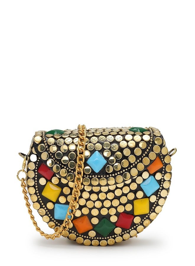 Anekaant Metal Mirage Silver Gold Diamond Enamel Embellished Clutch For Ladies | Party & Wedding Handbag - Image 1