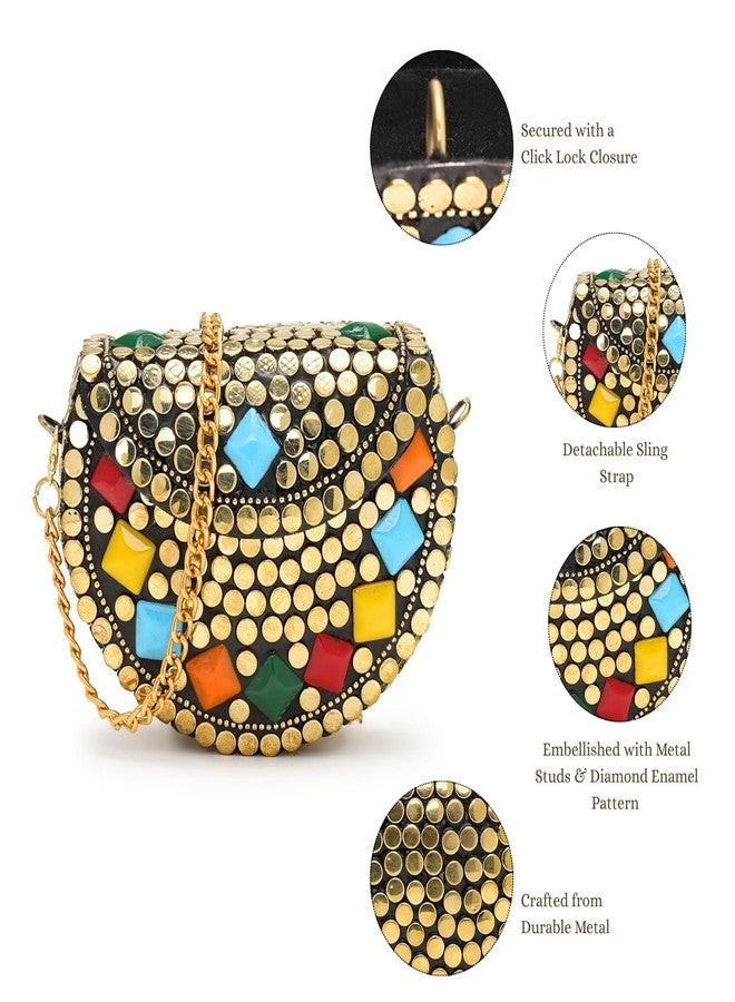 Anekaant Metal Mirage Silver Gold Diamond Enamel Embellished Clutch For Ladies | Party & Wedding Handbag - Image 3