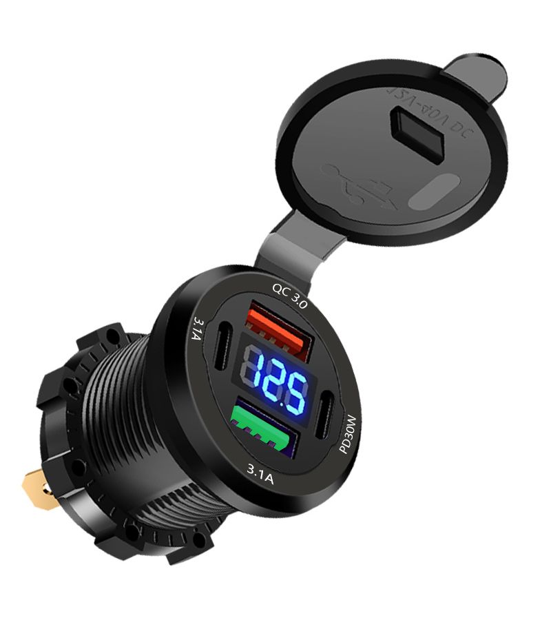 شاحن USB للسيارة مع عرض الجهد PD QC 30W مقابس رقمية 120W شحن سريع أسود مناسب للسيارة والقارب والمركبة الترفيهية والحافلة بدون بطارية - Image 3