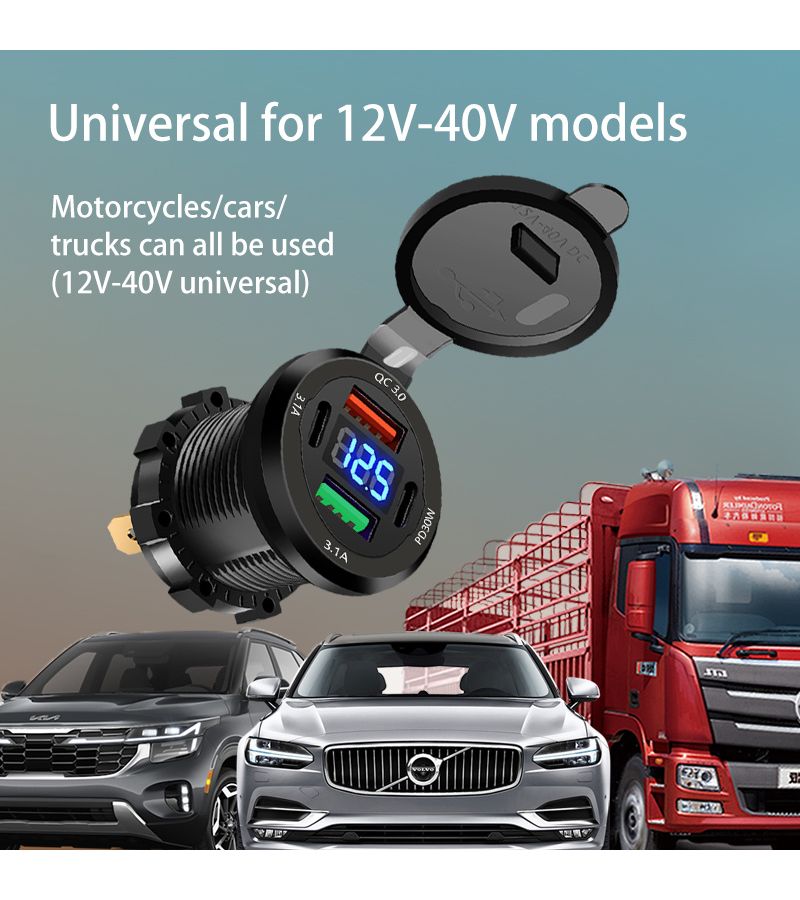 شاحن USB للسيارة مع عرض الجهد PD QC 30W مقابس رقمية 120W شحن سريع أسود مناسب للسيارة والقارب والمركبة الترفيهية والحافلة بدون بطارية - Image 5