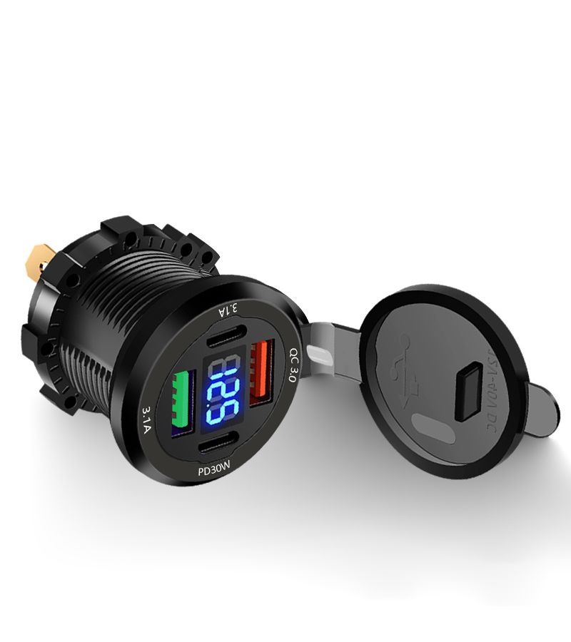 شاحن USB للسيارة مع عرض الجهد PD QC 30W مقابس رقمية 120W شحن سريع أسود مناسب للسيارة والقارب والمركبة الترفيهية والحافلة بدون بطارية - Image 4