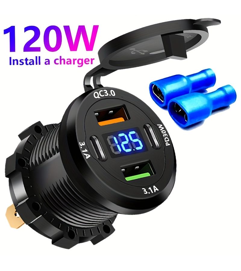شاحن USB للسيارة مع عرض الجهد PD QC 30W مقابس رقمية 120W شحن سريع أسود مناسب للسيارة والقارب والمركبة الترفيهية والحافلة بدون بطارية - Image 1