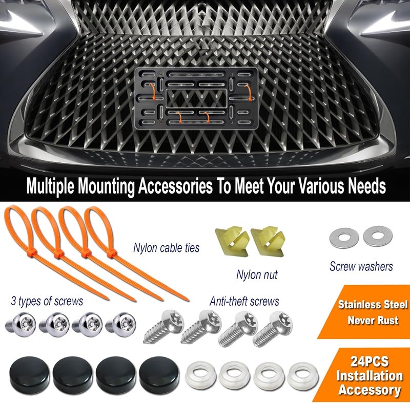 AOOTF Front License Plate Bracket- Universal Bumper Mounting Kit, Car Tag Holder Adapter & Black Aluminum Plate Cover, Anti-Theft Lock Screw Bolt Caps, For US Vehicle Trailer Truck - Image 5