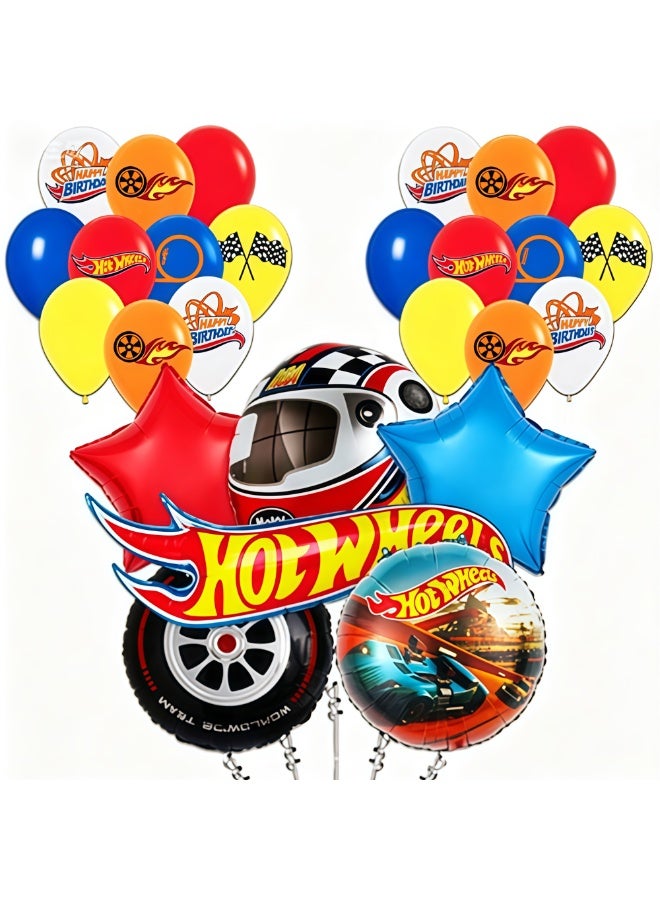 Hot Wheels 27pcs Hot Wheels Party Decorations Balloons, Hot Wheels Foil Balloons Including Car-Shaped Foil Balloons, Star Foil Balloons, Balloon Sticks & Printed Latex Balloons etc Hot Wheels Themed Party Balloon Set - Image 1