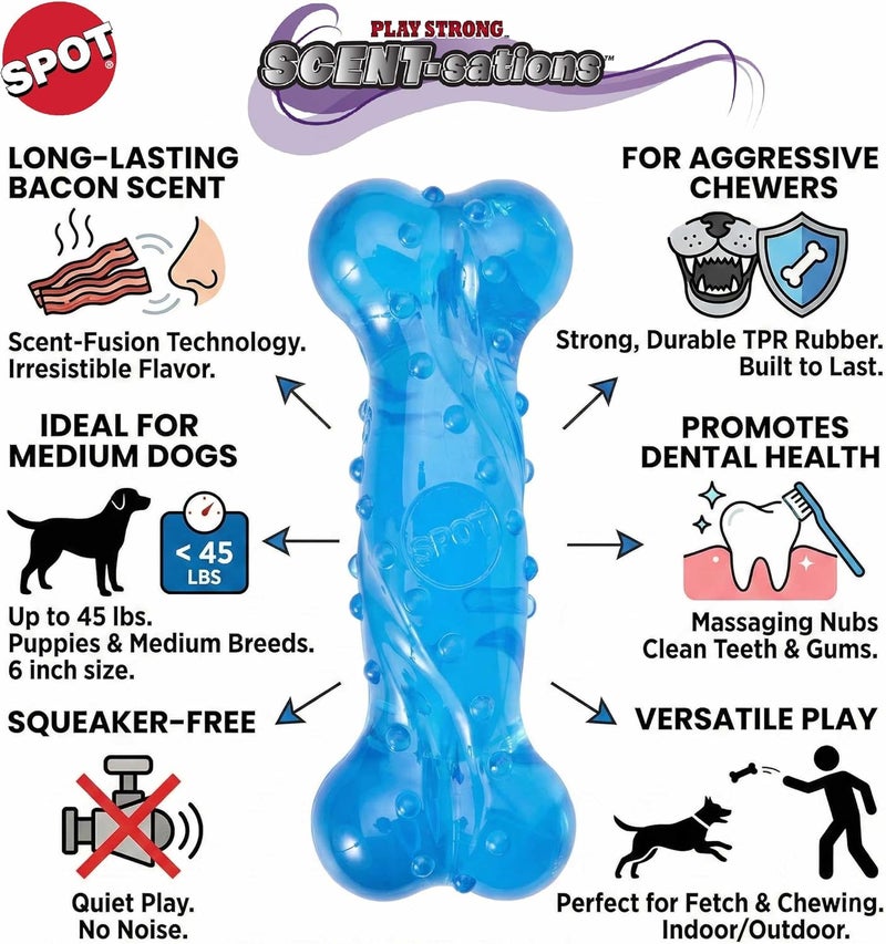 سبوت SPOT Play Strong Scent-sations Bone بنكهة البيكون، طول 6 بوصات | ألعاب للكلاب ذات العادات المضغية العدوانية | عظام للكلاب | ألعاب مضغ للكلاب العدوانية | لعبة تفاعلية للكلاب | ألعاب مضغ للكلاب ذات العادات المضغية العدوانية، لون أزرق - Image 3