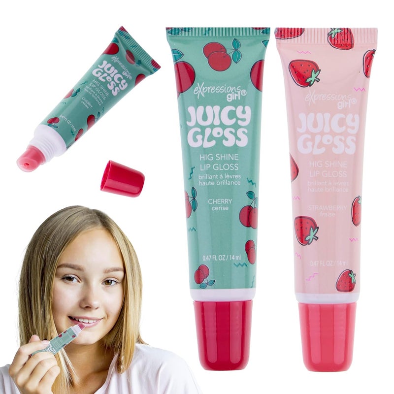 EXPRESSIONS 2pc Juicy Gloss Set  High Shine Fruit Flavored Lip Gloss For Girls  Safe and NonToxic Lip Gloss Gift Set For Girls Strawberry  Cherry