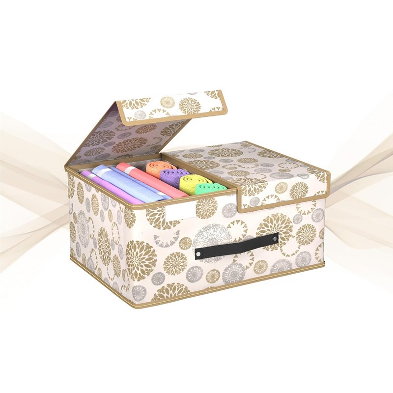 Kuber Industries Cloth Organizer for Wardrobe Small Foldable Storage Box with Double Lid Drawer Organiser Gola Print White - Image 2