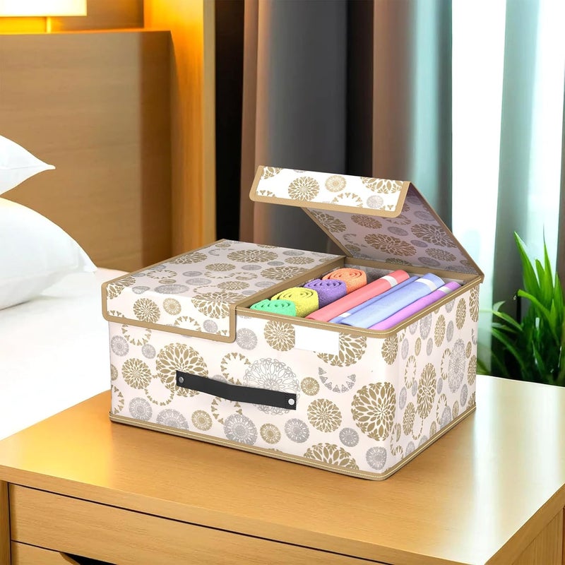 Kuber Industries Cloth Organizer for Wardrobe Small Foldable Storage Box with Double Lid Drawer Organiser Gola Print White - Image 1