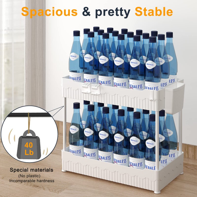 Sevenblue 2 Pack Under Sink Organizer, Under Bathroom Cabinet Organizer with Hooks Hanging Cup, Multi-Purpose Storage Shelf for Kitchen Bathroom (White, 12.8 Inch) - Image 3
