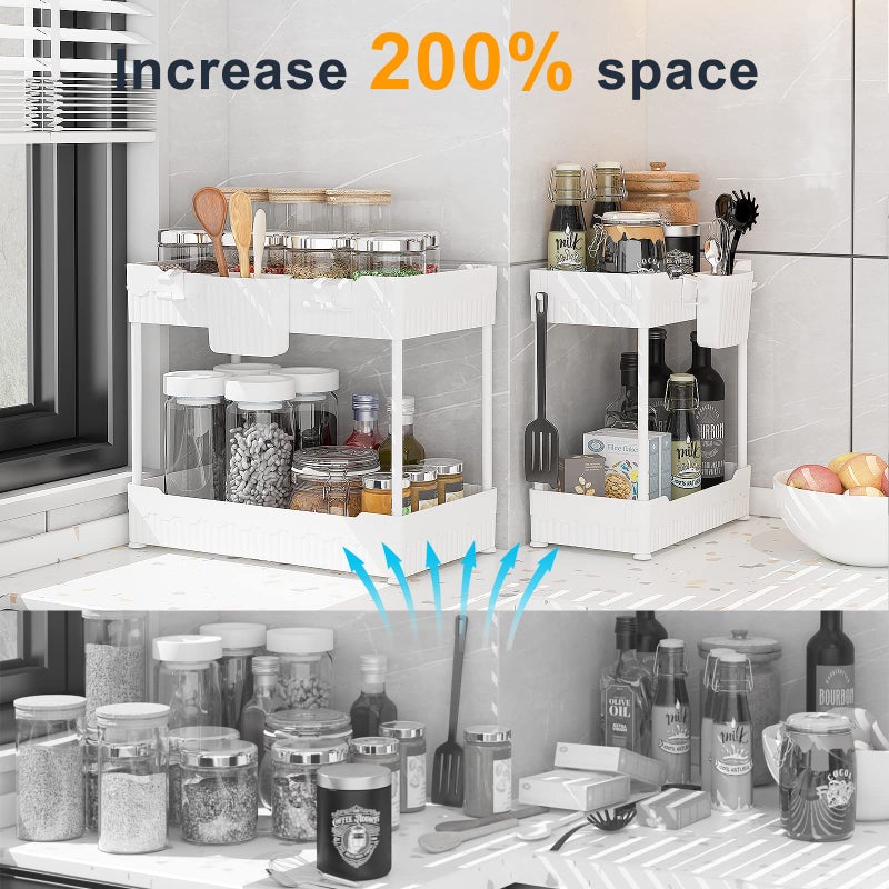Sevenblue 2 Pack Under Sink Organizer, Under Bathroom Cabinet Organizer with Hooks Hanging Cup, Multi-Purpose Storage Shelf for Kitchen Bathroom (White, 12.8 Inch) - Image 2