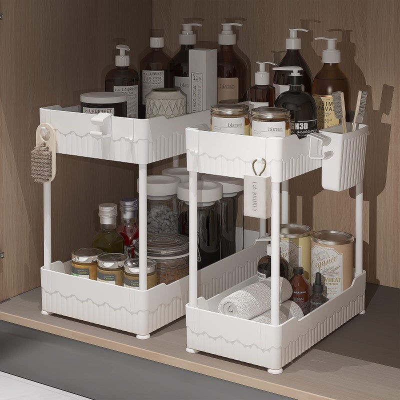 Sevenblue 2 Pack Under Sink Organizer, Under Bathroom Cabinet Organizer with Hooks Hanging Cup, Multi-Purpose Storage Shelf for Kitchen Bathroom (White, 12.8 Inch) - Image 1