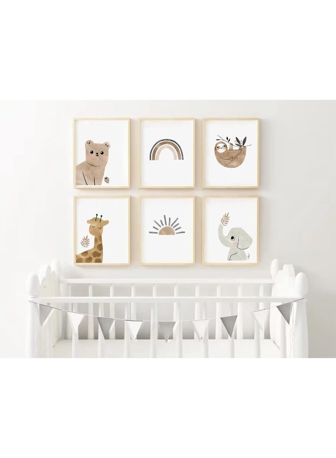 Baccone Nursery Wall Art Print Set of 6 Boho Nursery Wall Art Baby Canvas Wall Art Animal Rainbow Print Boho Rainbow Room Decor Neutral Baby Girl Boy Room Wall Decor 12x16 Inch UNFRAMED - Image 1