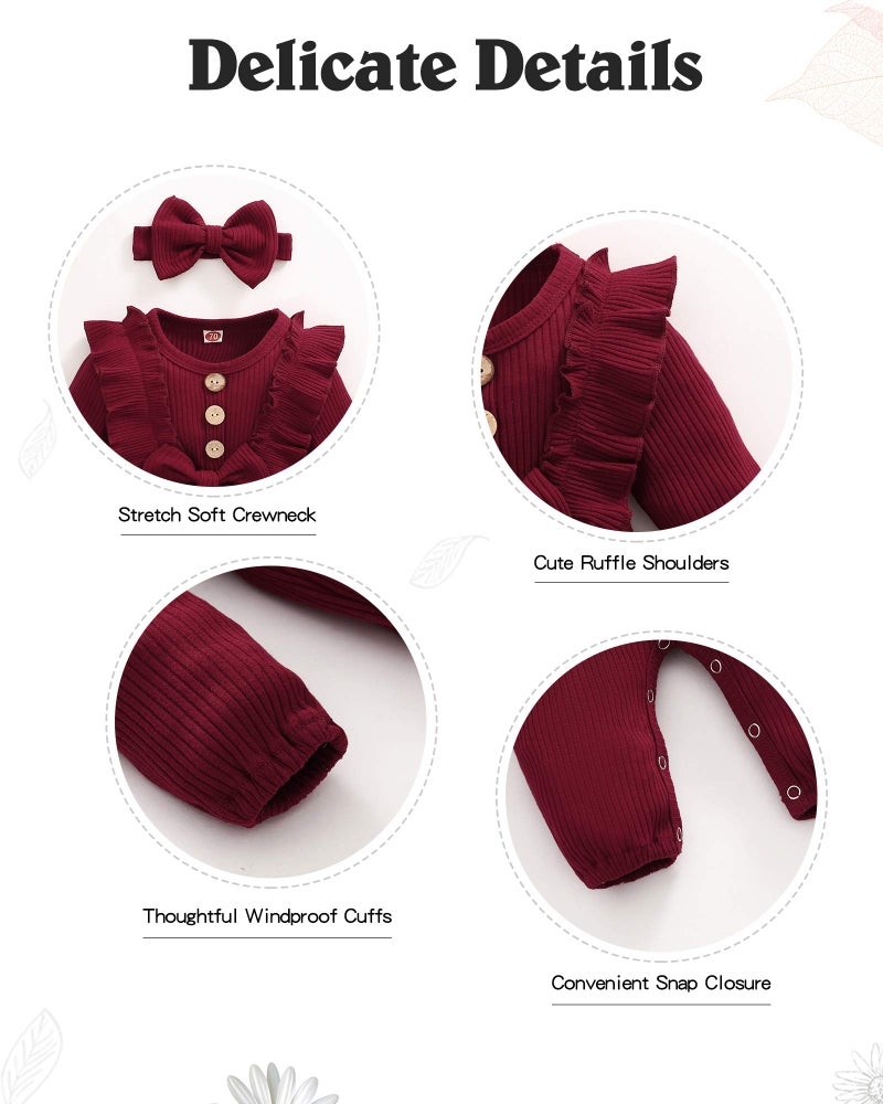 Mioglrie Newborn Baby Girl Clothes Romper Cute Baby Girl Stuff Cotton Newborn Girl Clothes Ruffle Baby Girl Outfits Gifts Maroon 0-3 Months Baby Girl Clothes - Image 4