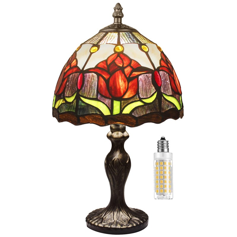 MIAOKE Tiffany Vintage Stained Glass Flower Table Art Deco Lamp for Bedroom and Living Room (Rose Red) - Image 1