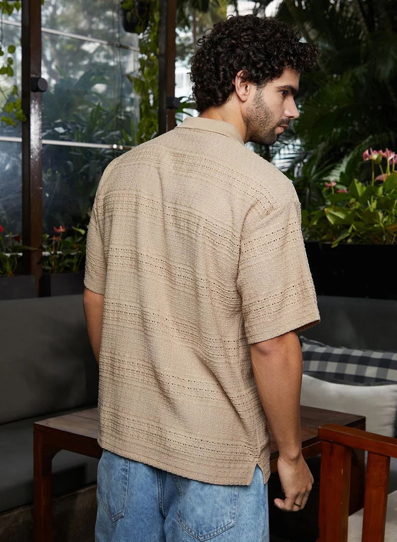 Campus Sutra Men's Buff Beige Bohomian Oversized Polo T-Shirt