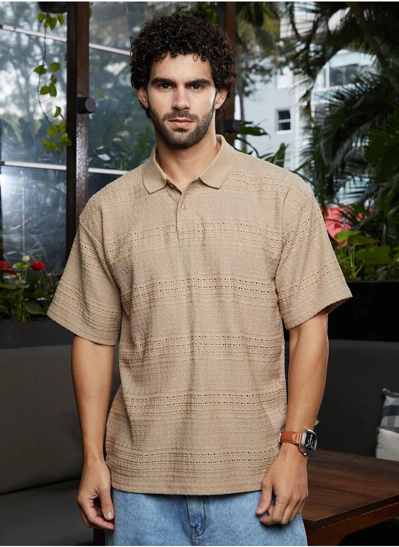 كامبوس سوترا Men's Buff Beige Bohomian Oversized Polo T-Shirt