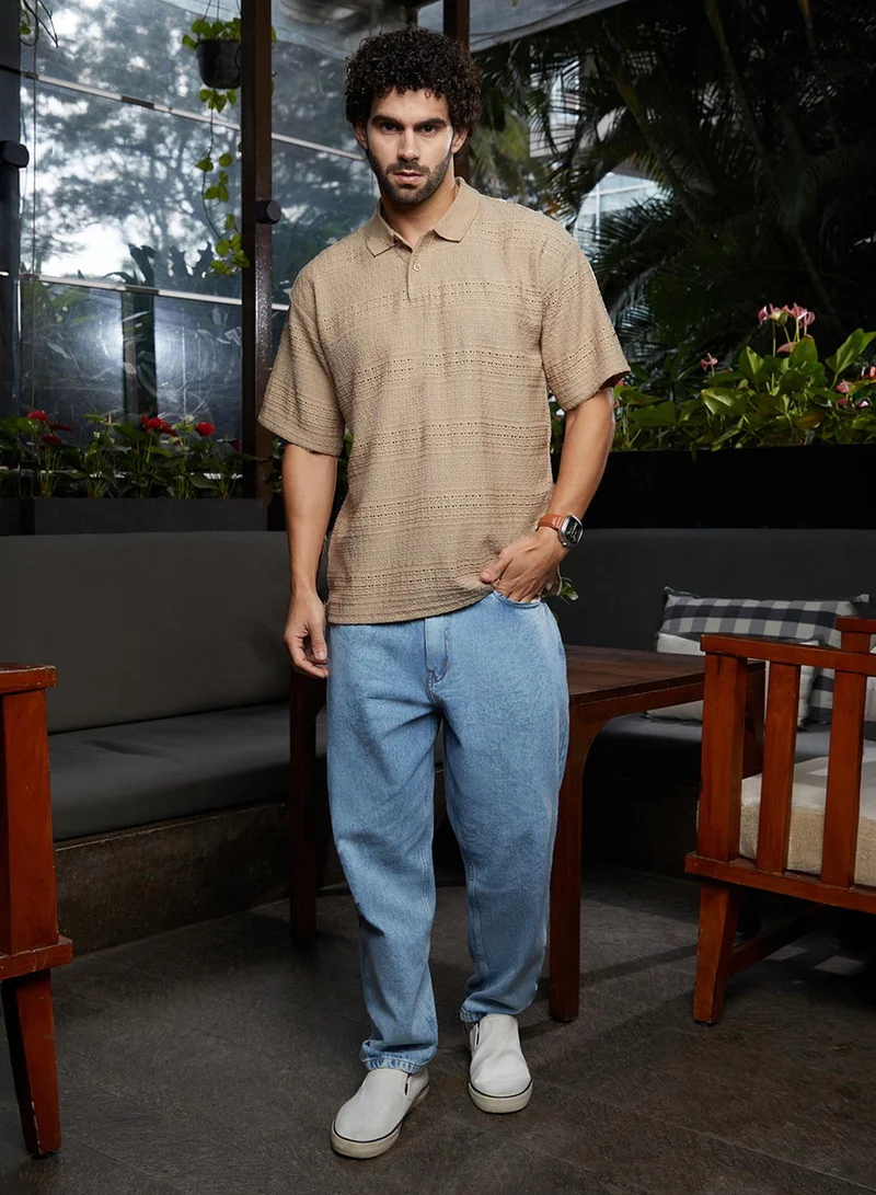 Campus Sutra Men's Buff Beige Bohomian Oversized Polo T-Shirt