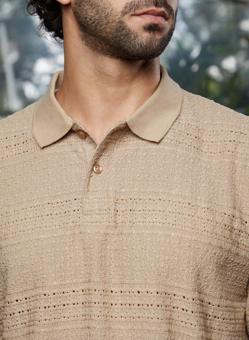Campus Sutra Men's Buff Beige Bohomian Oversized Polo T-Shirt