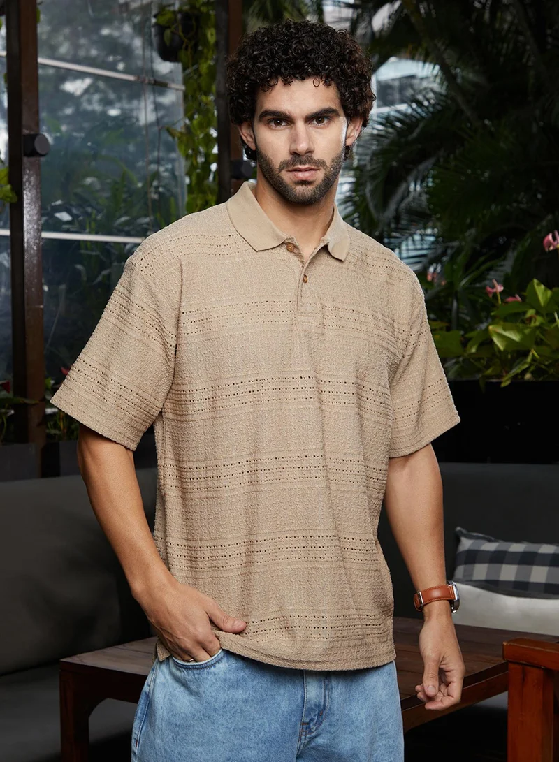 Campus Sutra Men's Buff Beige Bohomian Oversized Polo T-Shirt