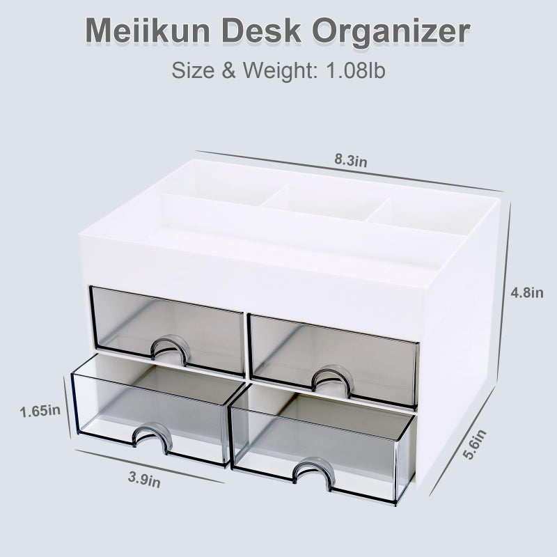 Meiikun Desk Organizer, Office Organizer with Drawer, Desk Accessories & Workspace Organizers, Pen Holder Office Supplies for Desk (4 Drawers+4 Compartments, White) - Image 2