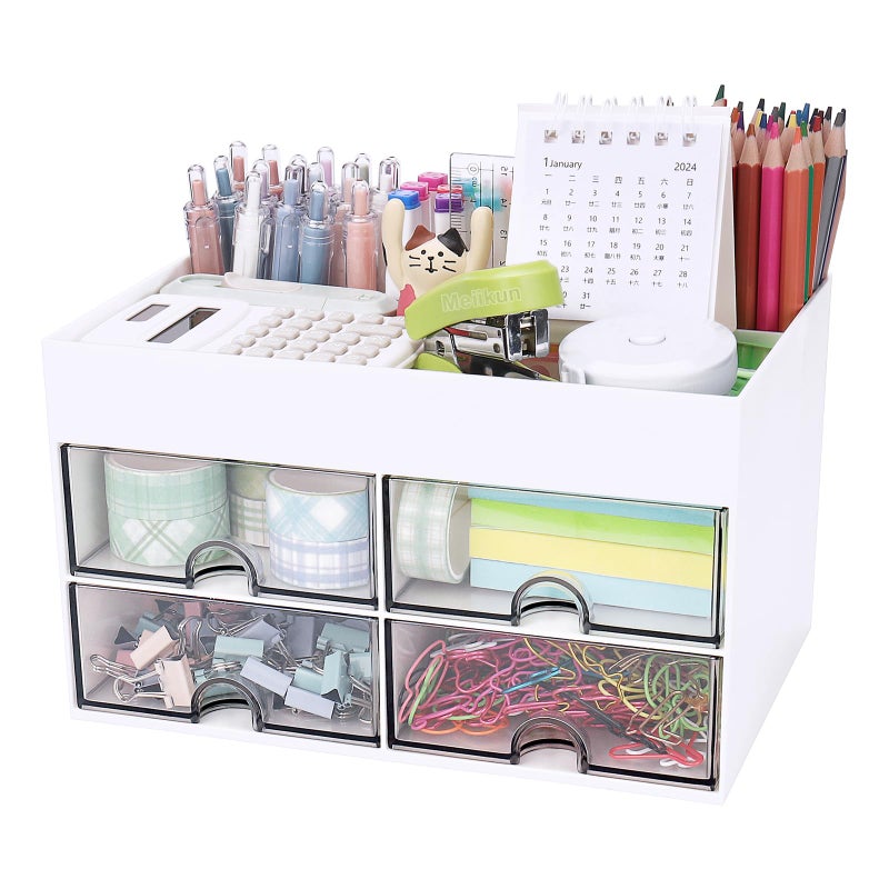 Meiikun Desk Organizer, Office Organizer with Drawer, Desk Accessories & Workspace Organizers, Pen Holder Office Supplies for Desk (4 Drawers+4 Compartments, White) - Image 1