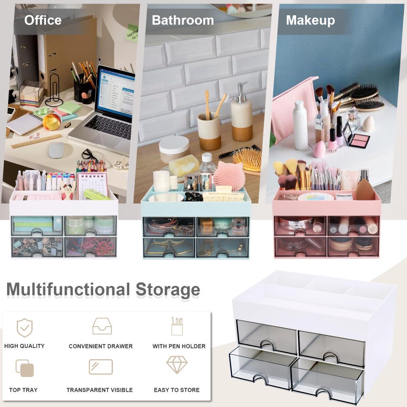 Meiikun Desk Organizer, Office Organizer with Drawer, Desk Accessories & Workspace Organizers, Pen Holder Office Supplies for Desk (4 Drawers+4 Compartments, White) - Image 4