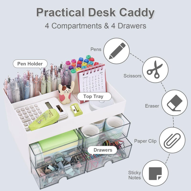 Meiikun Desk Organizer, Office Organizer with Drawer, Desk Accessories & Workspace Organizers, Pen Holder Office Supplies for Desk (4 Drawers+4 Compartments, White) - Image 3