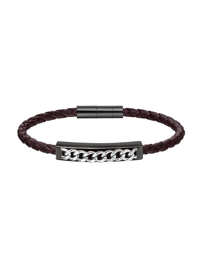 Police Fetter Brown Leather With Grey Motif Gents BraceletPEAGB0005232