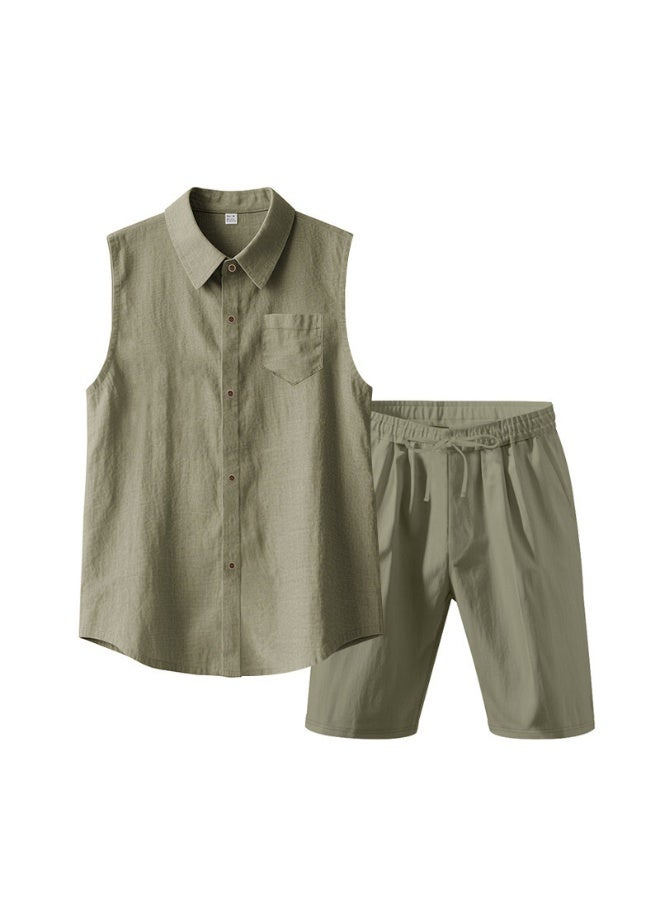 Loose Linen Sleeveless Collared Beach Shirt Casual Summer Fashion for Men  Open Cardigan Style Clothing  - Image 1