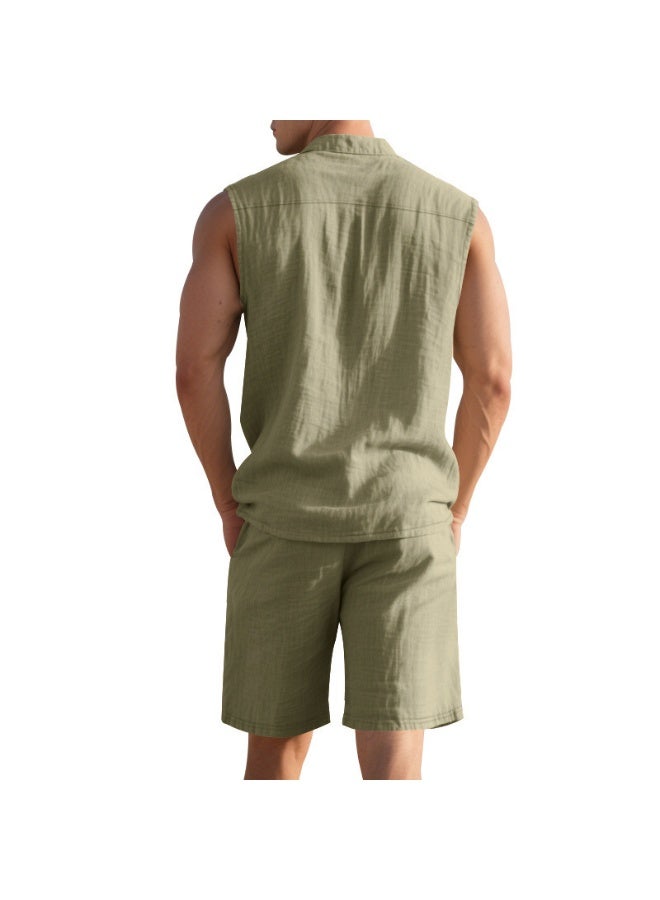 Loose Linen Sleeveless Collared Beach Shirt Casual Summer Fashion for Men  Open Cardigan Style Clothing  - Image 3