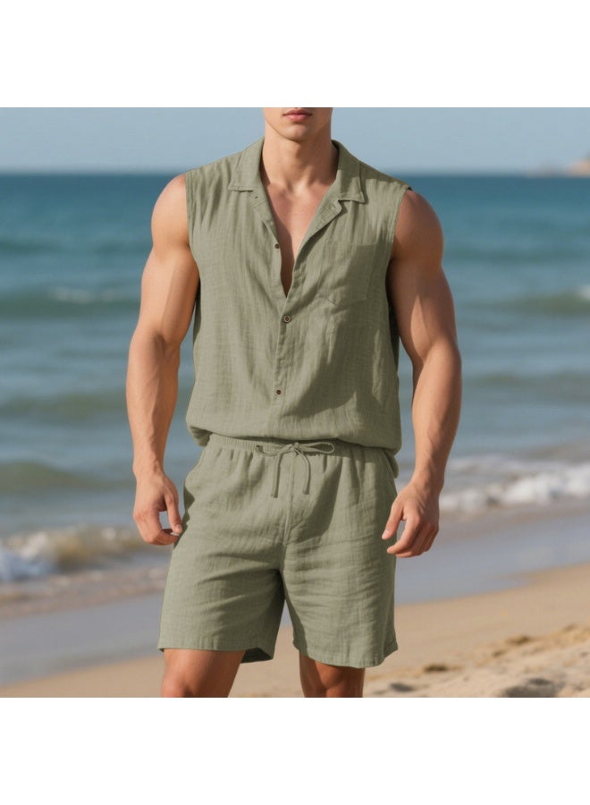 Loose Linen Sleeveless Collared Beach Shirt Casual Summer Fashion for Men  Open Cardigan Style Clothing  - Image 2